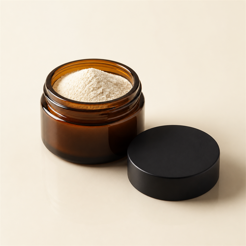 Moon Dust Salts 7OH powder - open amber glass jar of fine cream-white powder with matte black lid